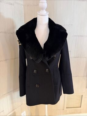 Women’s Burberry Black Double-Breasted Peacoat with Faux-Fur Collar
